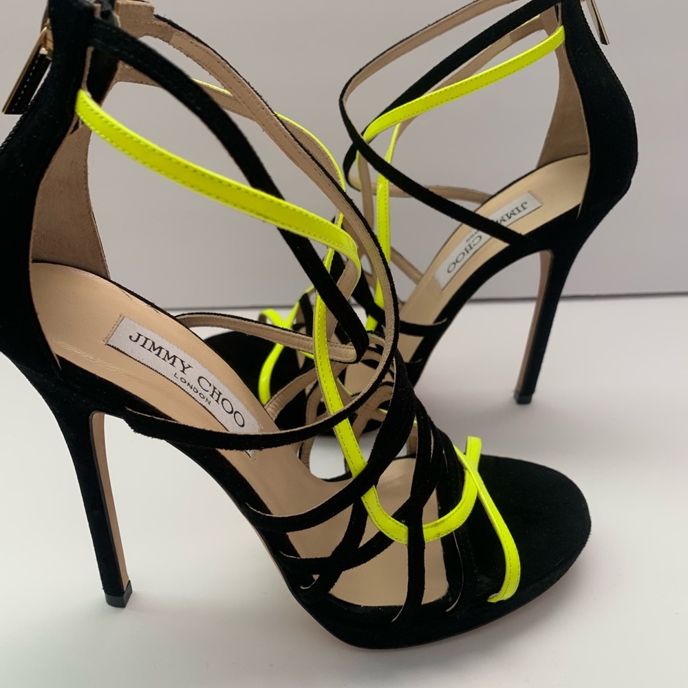 Jimmy Choo Strappy Heels Black Suede/ Neon Green Patent leather Size 37.5